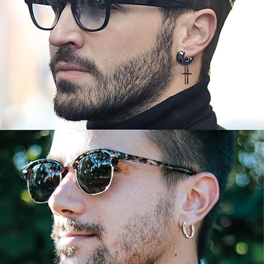 12 Pairs Magnetic Stud Earrings Stainless Steel CZ Hoop Punk Feather Dangle Hinged Non-Piercing Earrings Clip on Magnet Earring Set for Women Men Blac