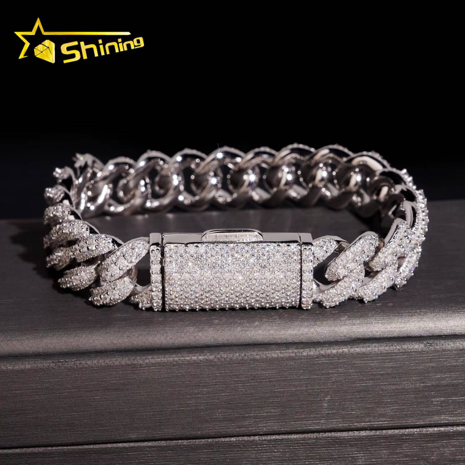 Iced Out 13mm Hip Hop Moon Shape Moissanite Cuban Bracelet Fine Jewelry GRA Certificate Men Women 925 Silver Bracelet