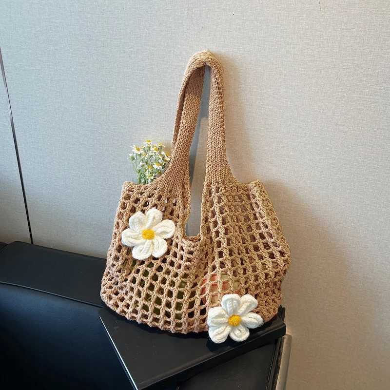 Womens Large Capacity Solid Color Crochet Tote Bag Knitted Hollow Design Fashionable Beach Shopping Bag for Travel And Vacation Z250915