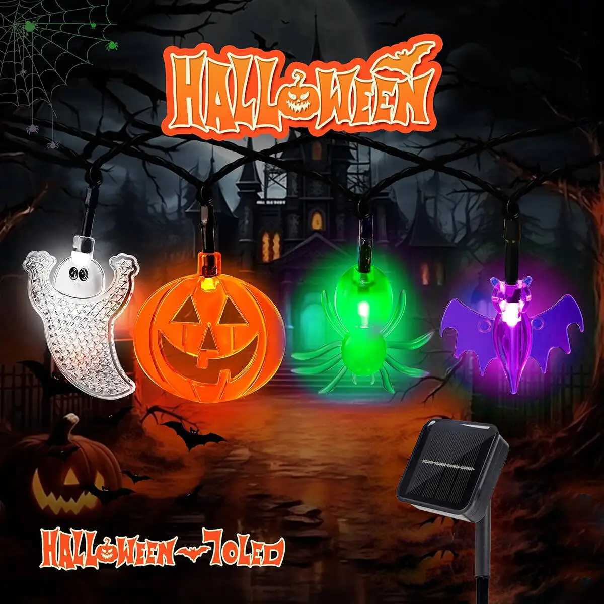 1pc 2030LED Halloween 3D Pumpkin Bat Ghost Spider Solar String Lights With 8 Lighting Mode For Home Garden Halloween Decoration C250919