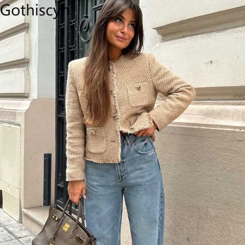 Gothiscyn Tweed Loose Longsleeved Jacket for Womens SpringAutumn Oneck Metal Button Fringed Jacket Fashion Female Clothes Z250918