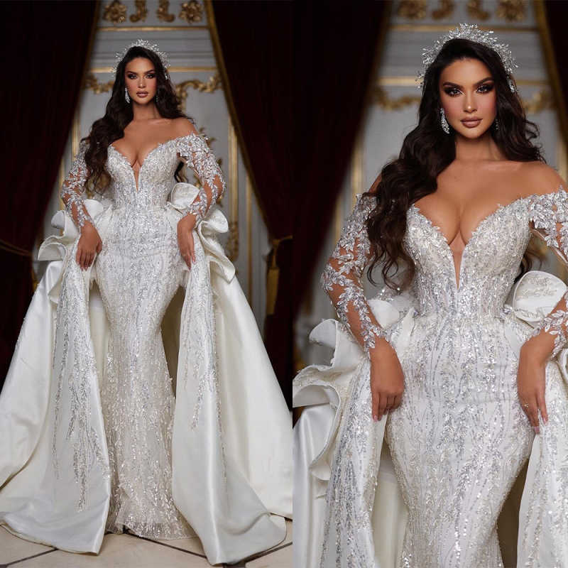 Exquisite Off Shoulder Bridal Gowns V Neck Detachable Train Sequins Appliques Wedding Dresses Bride Robe Customized