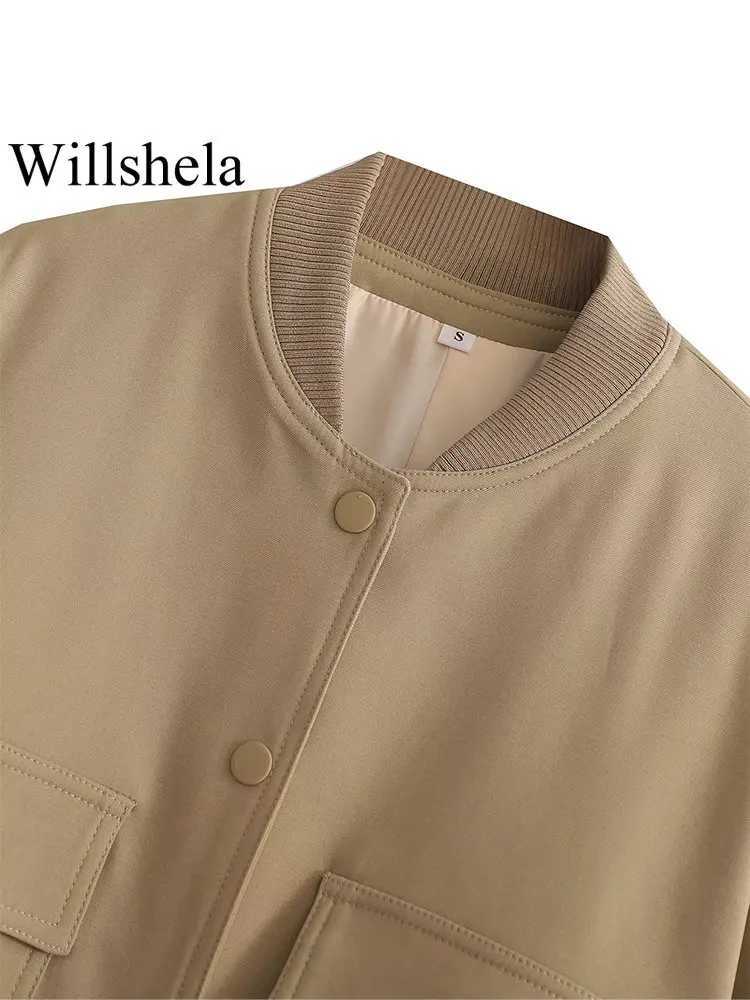 Willshela Women Fashion Solid Bomber Jackets Coat With Pockets VNeck Single Breasted Long Sleeves Female Chic Lady Outfits Z250918