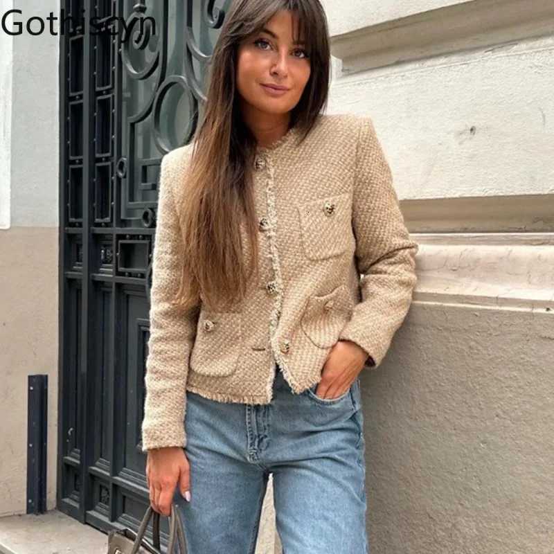 Gothiscyn Tweed Loose Longsleeved Jacket for Womens SpringAutumn Oneck Metal Button Fringed Jacket Fashion Female Clothes Z250918