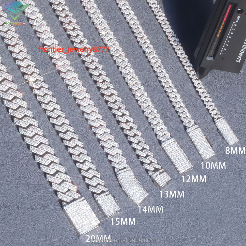 Hot Sale 2 Rows 8mm 10mm 12mm 14mm Cuban Link Chain Men Hip Hop Necklace S925 Silver VVS Moissanite Cuban Chain Necklace
