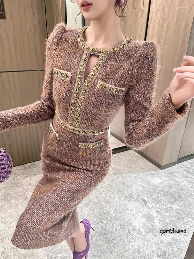 Two Piece Dress Women Clothes Vintage Tweed Hollow Sexy O-Neck Slim Midi Pencil Elegant Fashion Evening Party Vestidos Formal Ocn ddmyfriend