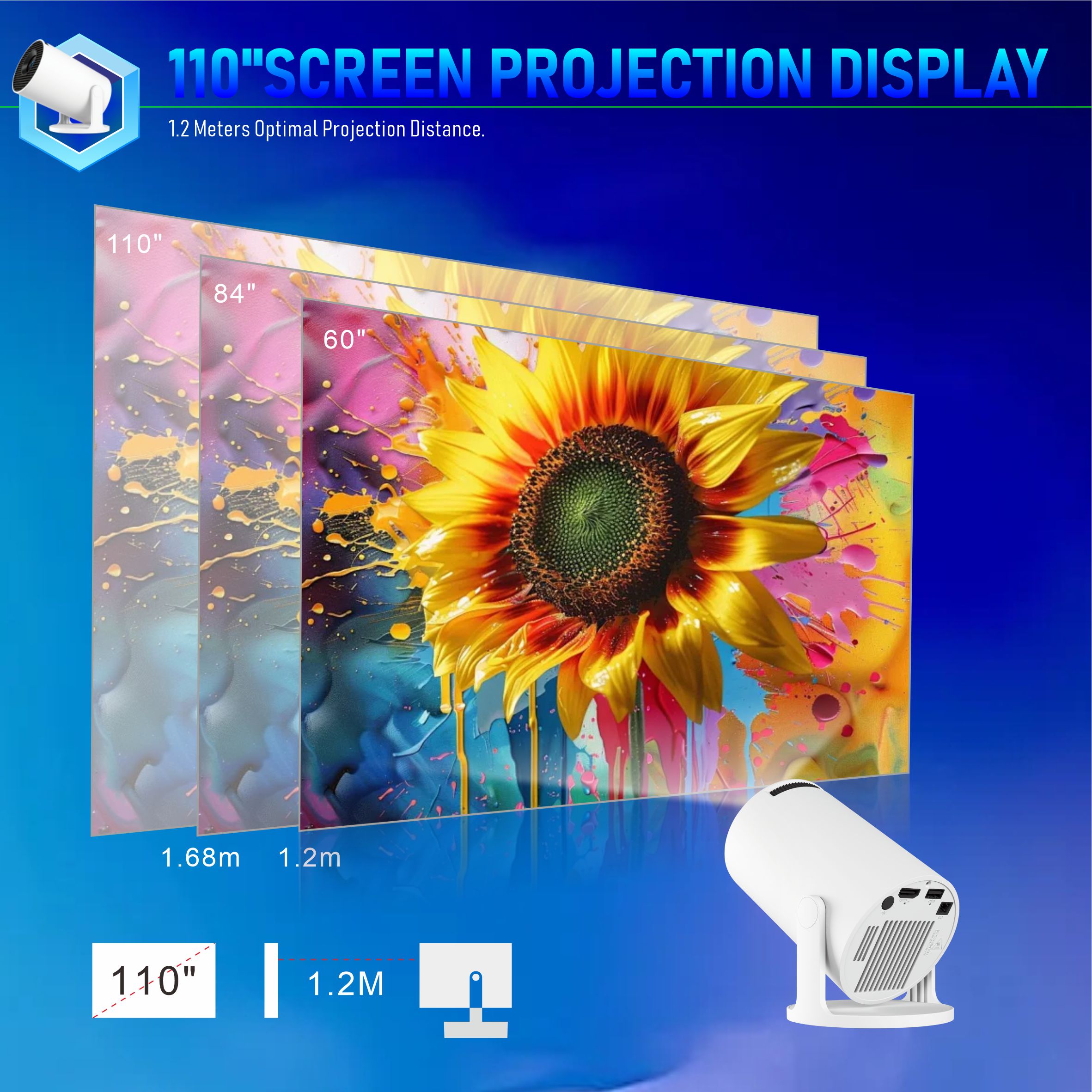 2025 Portable Projector BT 5.0 Android 11.0 With 2.4/5G 200 ANSI WiFi6 1280*720P 8GB Round Design Movie Projector 40"- 130" Screen, 180° Fli