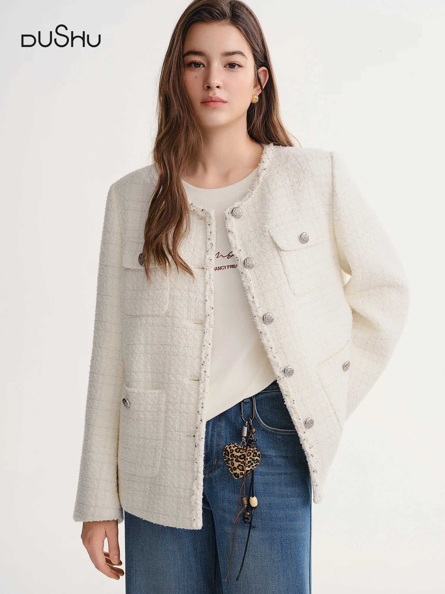 DUSHU Autumn Winter 2025 Womens Embellished Tweed Jacket Heavy Craft Lace Trim Braided Detail Casual Elegance Outerwear Z250918