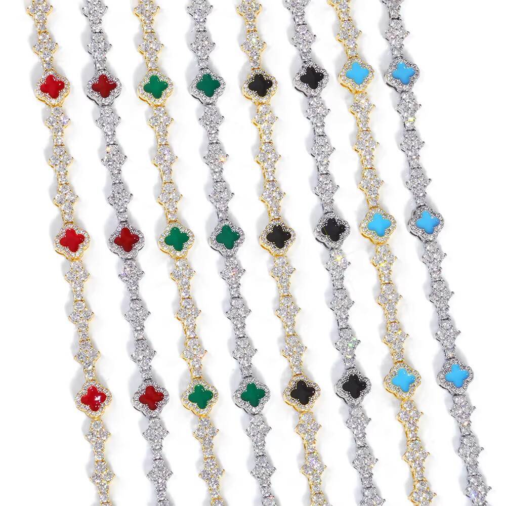 NUOYA Hip Hop New Style Iced Out Four Leaf Clover Necklace Silver Color 65mm Moissanite Diamond Colorful Tennis Chain Jewelry for Women