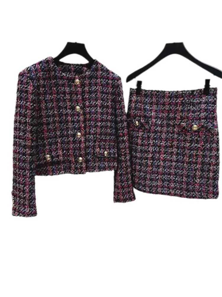 Women Retro Plaid Tweed Short Coat or ALine Mini Skirt Slim Fit Round Neck Jacket Top for Female Z250918