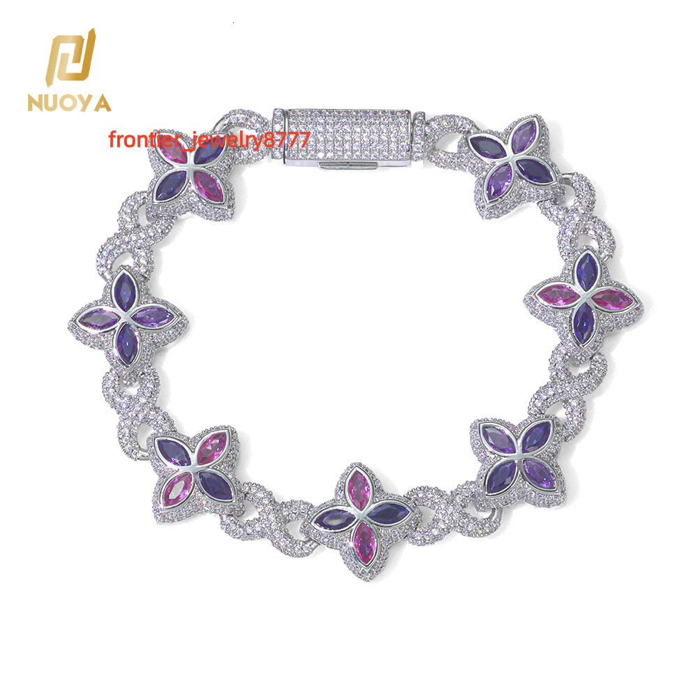 NUOYA Miami Cuban Bracelet Flower Cross Design Four Leaf Clover Infinity Chain Iced Out Colorful Moissanite Hip Hop Jewelry