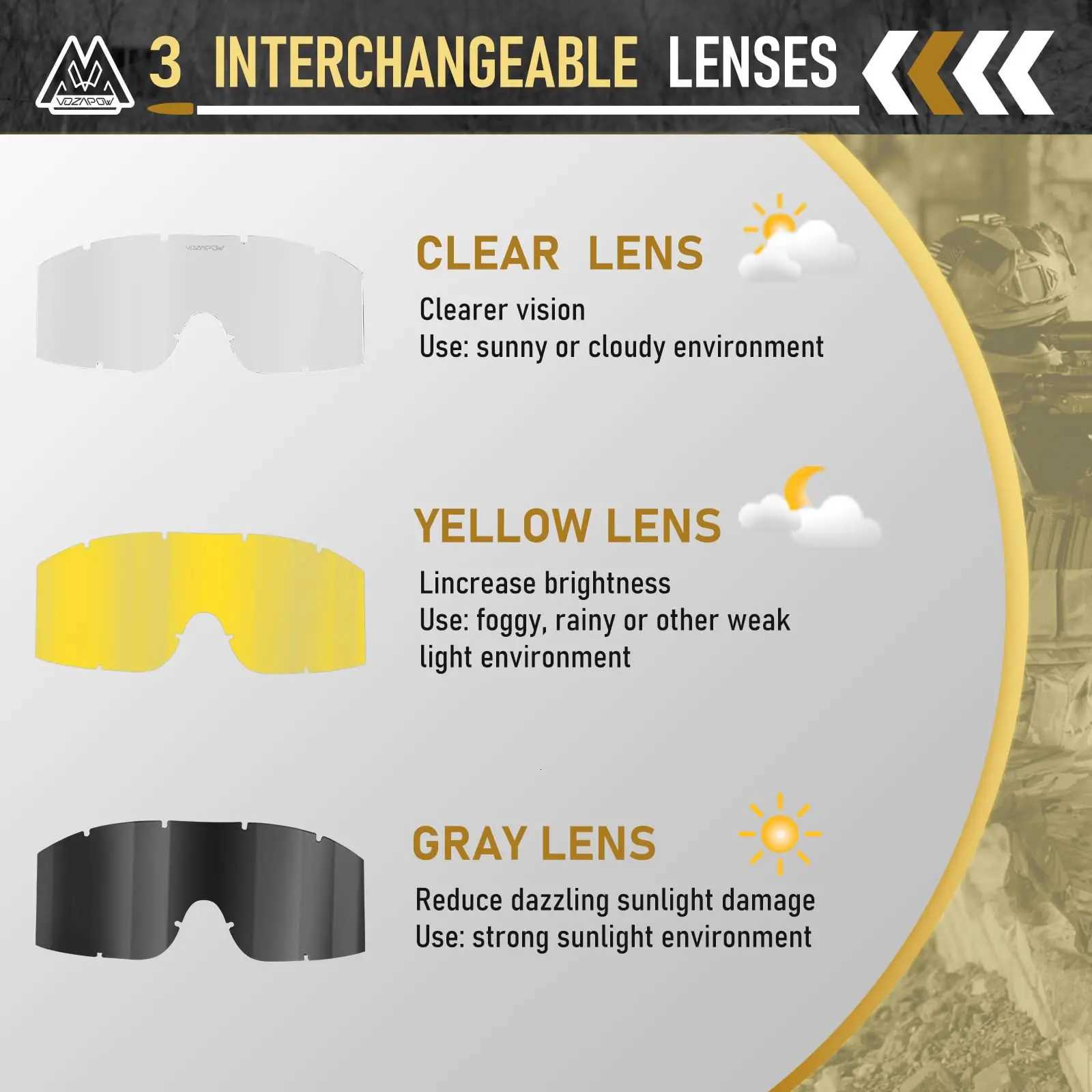 Vozapow Profional Shooting Goggs ANSI Z871 Safety Anti Fog Airsoft Tactical Glasses Motorcyc Mountaineering Sunglasses Y250919