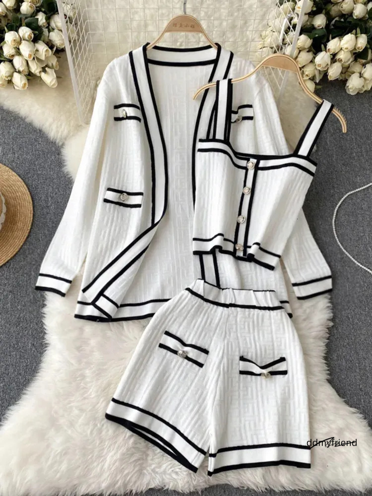 Casual Long Sleeve V Neck Cardigan Jacket Sling Vest Waist Shorts High Quality Chic Button Knitted Vintage 3 Piece Sets 250723 ddmyfriend