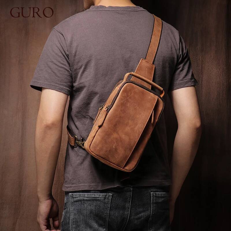 GURO Men's Higher Quality Chest Pack Vintage Genuine Leather Travel Sling Bag Male satchel Crazy Horse Cowhide Crossbody