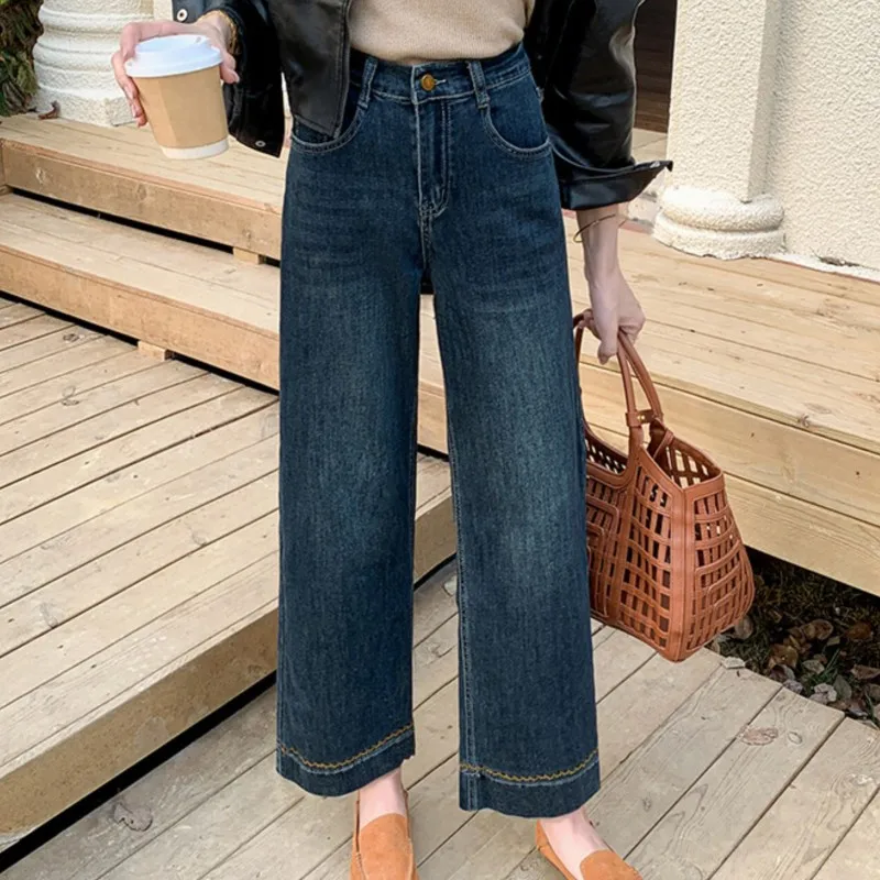 Fashion Plus Size Women's Jeans Autumn Of 2025 Slim Stretch Embroidery Hem Denim Straight Leg Ankle Length Pants