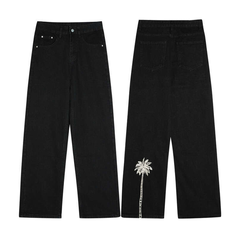 American Style Loose Coconut Tree Embroidery Jeans Men High Street Casual Casual Wide Leg Black Straight-Leg Pants B5