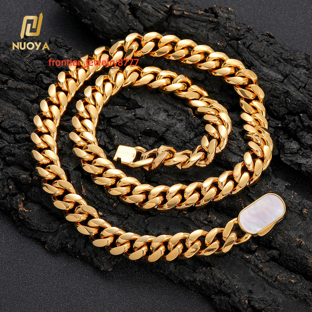 NUOYA New Style 812mm Cuban Link Chain Necklace Pave Shell Clasp 18K Gold Plated Stainless Steel Luxury Hip Hop Jewelry