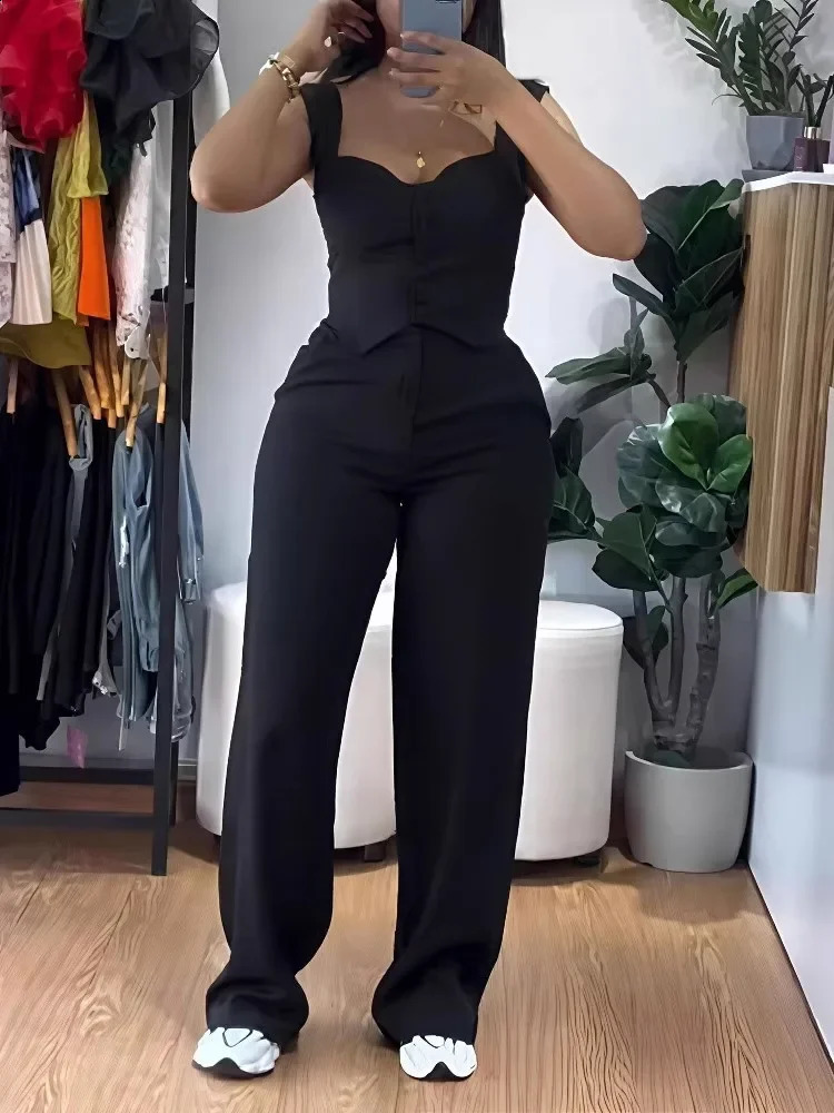 Chic Women Suit Y2k Sexy Two Piece Set Summer Sleeveless Slim Vest And Wideleg Trouser Sets Elegant Solid Pants Womens Outfit 250917