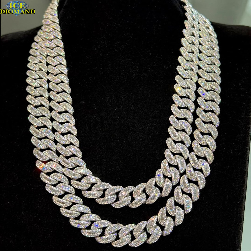 925 Silver VVS Moissanite Customized Trend Rangle Baguette Inlaid Iced Luxury Cuban Chain Necklace Mens Miami Style