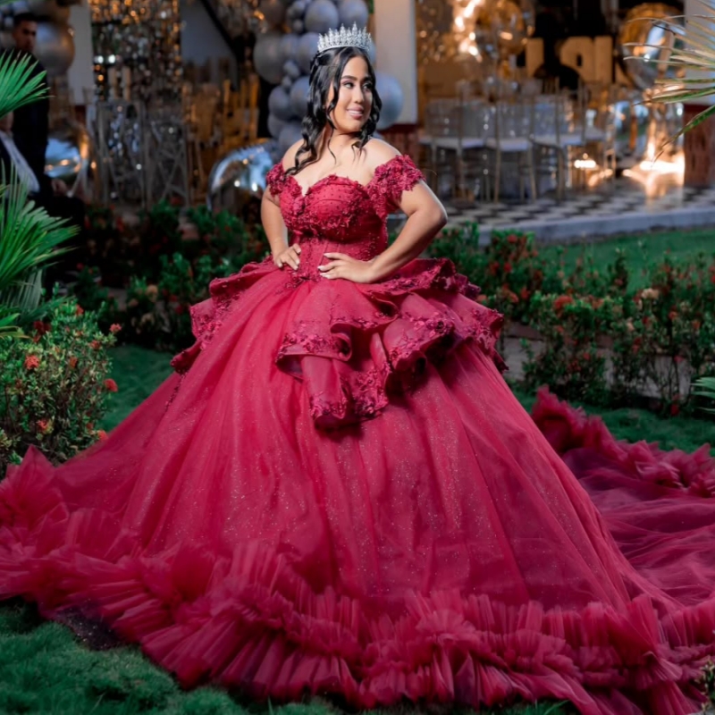 Red Shiny Quinceanera Dresses Off The Shoulder Applique Lace Bow Beads Tiered Tull Party Birthday Sweet 16 Dress Vestidos De 15 Anos