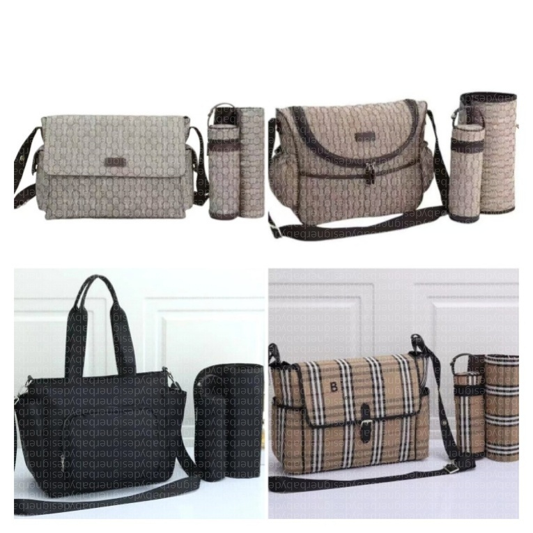 Designer style diaper waterproof mom bag 3 sets of diaper pouches baby zipper brown check pattern a55v5 S11