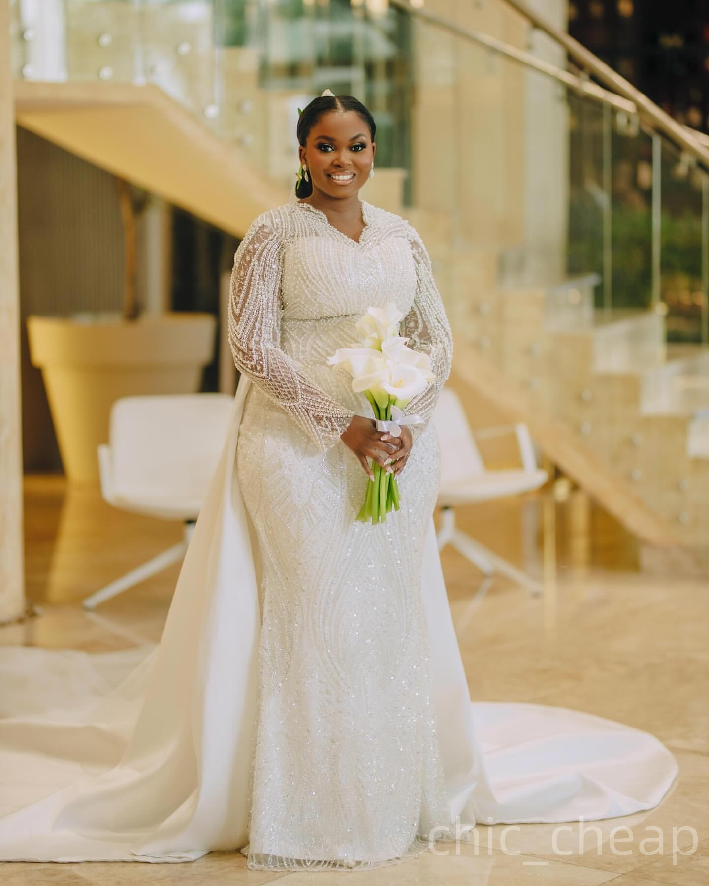 2025 Aso Ebi Plus Size Ivory Mermaid Wedding Dress Pearls Beaded Sequined Long Sleeves Luxurious Bridal Gowns Dresses ZJ0468