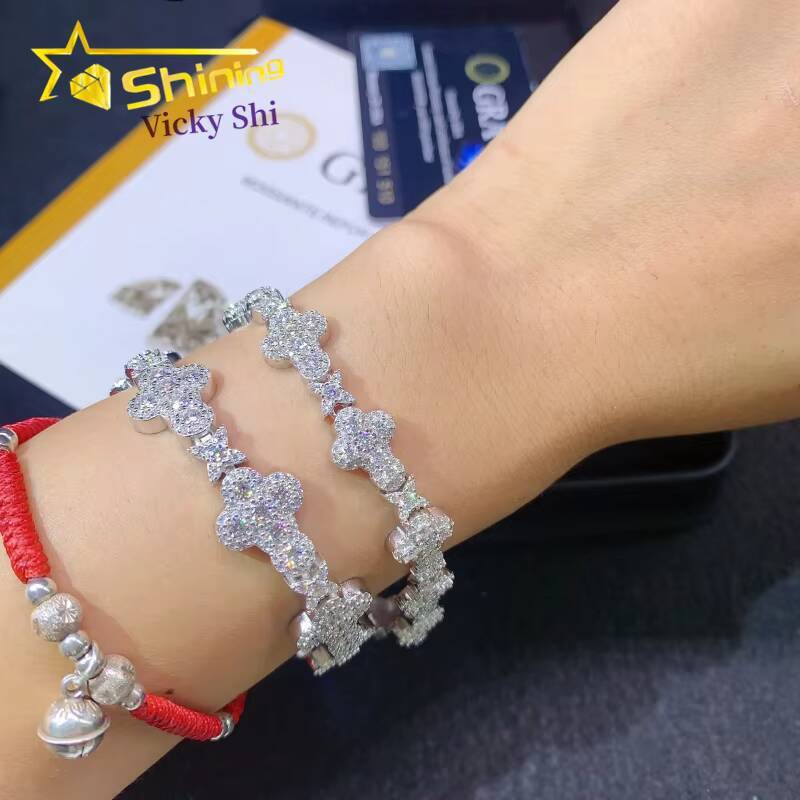 Iced Out Hip Hop Jewelry Pass Diamond Tester 10MM 13MM 925 Silver White Gold Cross Moissanite Cuban Link Bracelet
