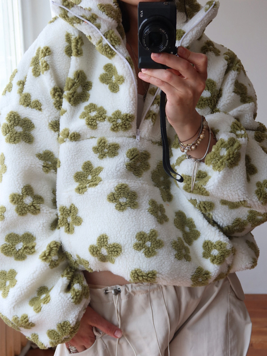 Autumn Winter Women's Sherpa Floral Pullover Hoodies Half Zip Style Loose Fit Warm Stylish New Sweatshirt