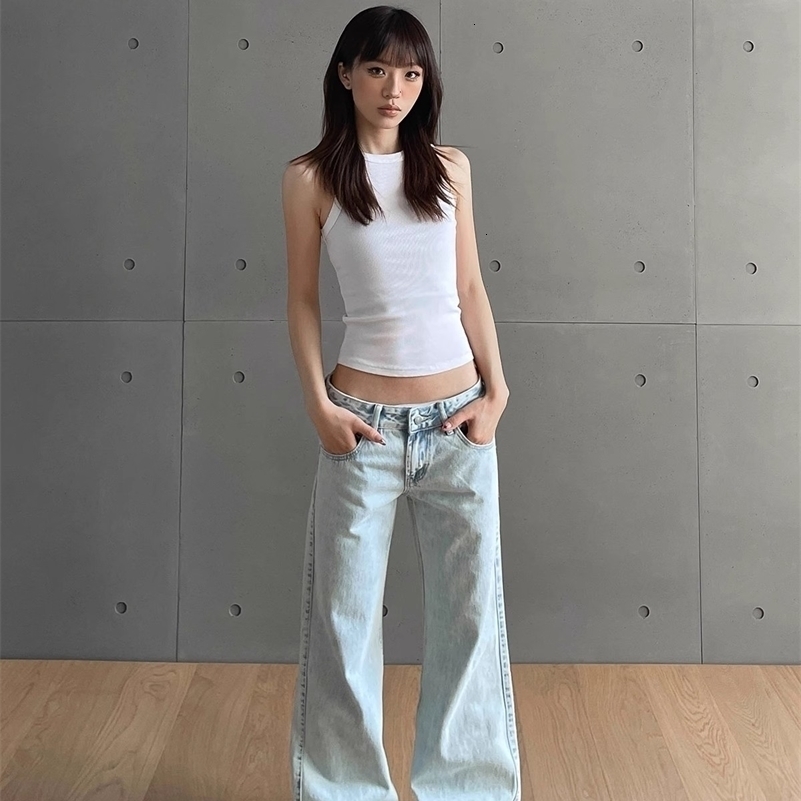 y2k Vintage Women Low Waist Zipper Button Solid Trousers with Pockets Aesthetic Streetwear Washed Jeans Z260313