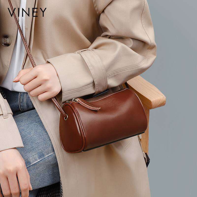 VINEY Ladies 2025 New Messenger Genuine Leather Pillow Cylindrical Women's Fashion Shoulder Bag