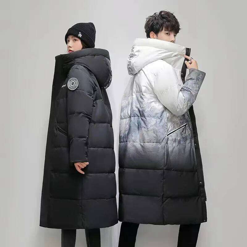 Fashionable Gradient Jacket Man and Woman Thickened Hooded White Duck Down Coat for Couples Winter Knee Length JK-969