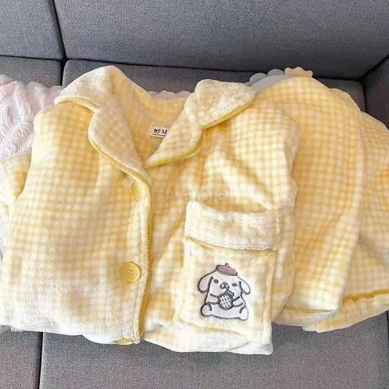 Sanrio 2024 Autumn Winter Flannel Pajamas Women Hello Kittys Cute Cardigan Lapel Sleepwear Thickened Warm Lounge Clothes Suit Female L250919