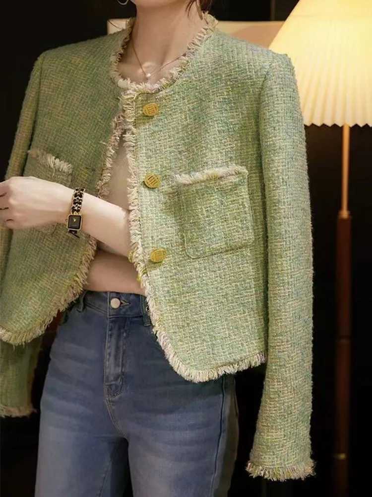 Korean Fashion Tweed Jackets Tops Women Casual Oneck Single Breasted Abrigos Spring Fall Elegant Long Sleeve Manteau Blusas New Z250918