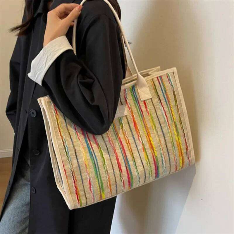 Designer Bag Luxury Bag Large Capacity Commuting Women's Single Shoulder Diagonal Cross Bag, Stylish And Versatile,Rainbow Striped Canvas Tote Ba