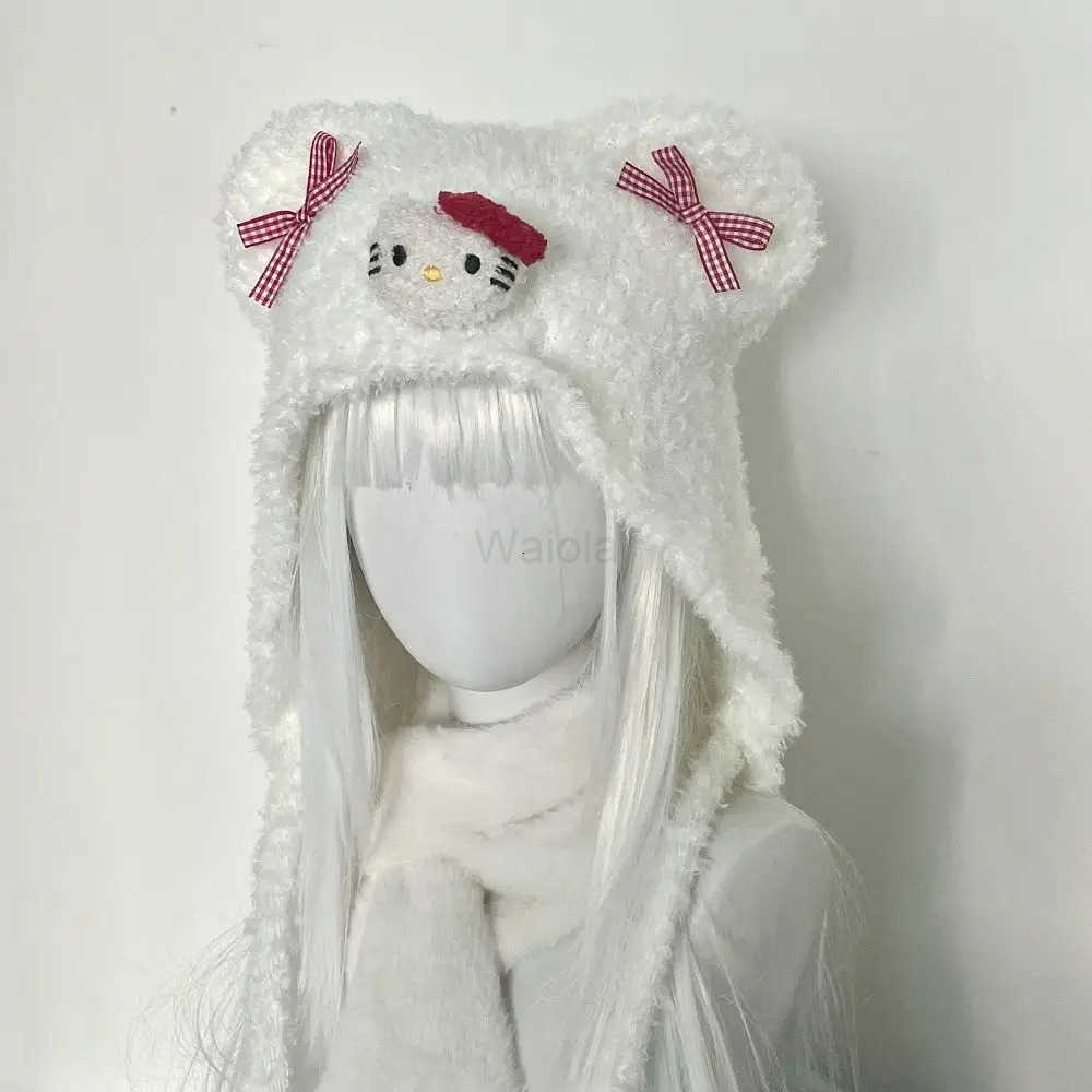 Sanrio New Cinnamoroll My Melody Hat Kawaii Kuromi Cute Bow Bear Ear Needle Knitted Hat Cartoon Plush Solid Color Ear Protection Hat L250919