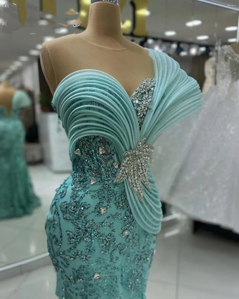 Aso Ebi Mint Mermaid Prom Dresses Stylish Rhies Sheer Neck Sequined Evening Formal Party Second Reception Birthday Gowns Dress For Special Ocns 1210