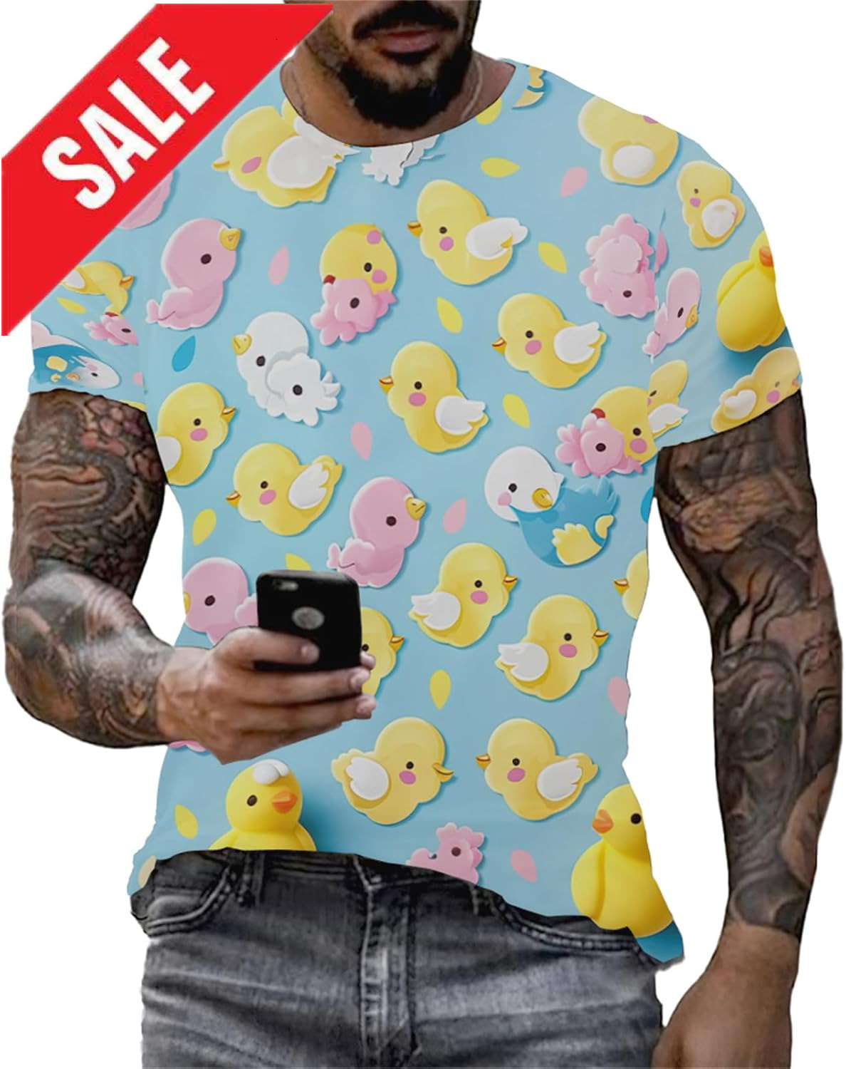 Mens T shirt Cute Rubber Duck T Shirt for Men 3D Printed Colorful Ducklings Animal Pattern Casual Tees Breathable Short Sleeve Top-XL T-Shirt Shirts T