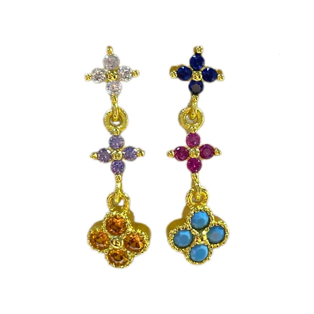 Dopamine Four-leaf Flower Summer Colorful Dia Zircon Earrings Elegant and High-end Feel