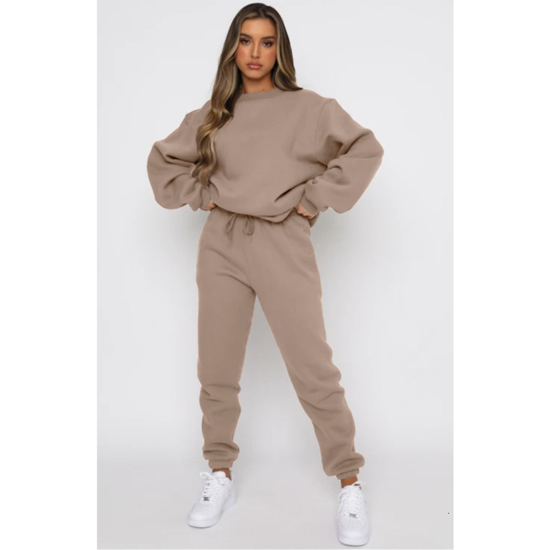 Women Tracksuits Two Pieces Set 2025 Autumn Winter Solid Color Crew Neck Pullover Long Pants Fashion Casual Long Sleeve Sweatshirt Set