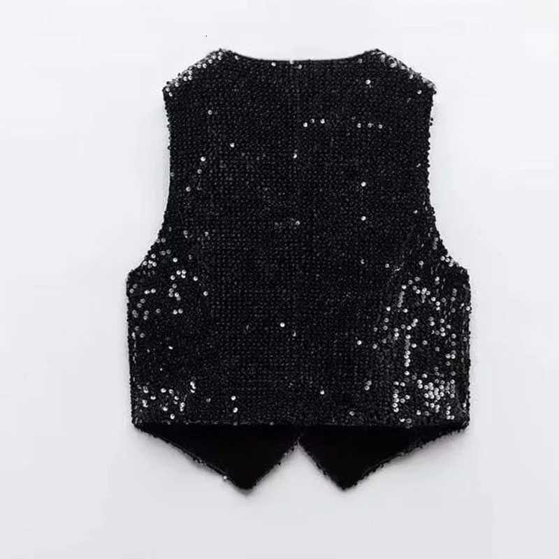 New Womens Fashion Versatile Sequin Short Vest Spring Autumn Xiaoxiangfeng Heavy Industry Waistcoat Black Sleeveless Jacket Z250918