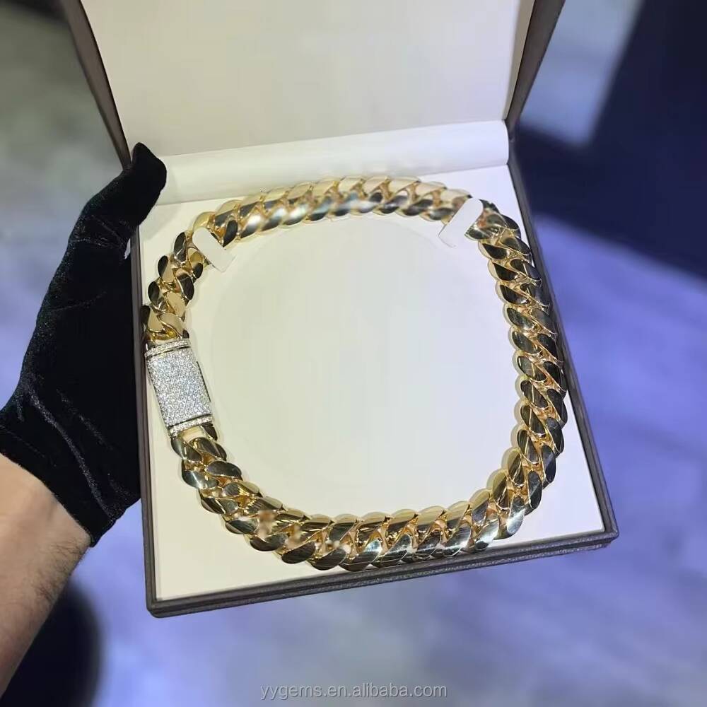 Custom Clasp Yellow Gold Miami Cuban Link Chain Heavy Solid Silver Men Chain Moissanite Lock Plain Cuban Chain Necklace Jewelry