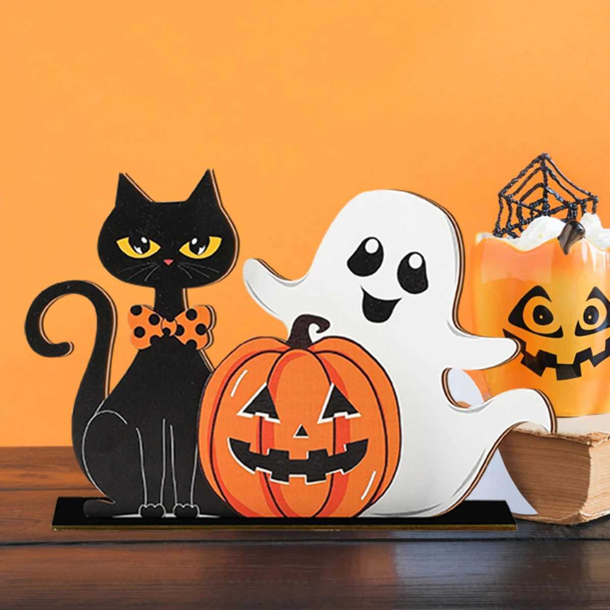 Halloween Decorations Wooden Cat Pumpkin Ghost Figurines Home Party Ornaments C250919