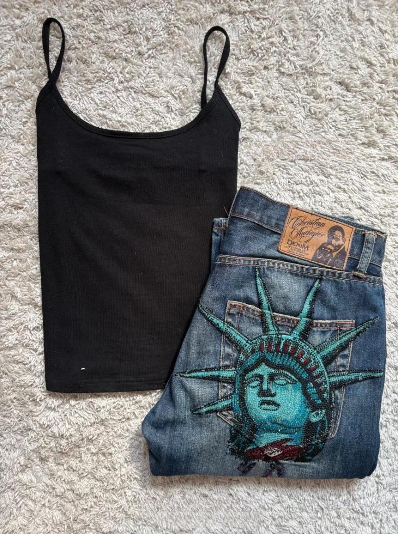 Women's Jeans Y2k 2000s Statue Of Liberty Klein Stone Pocket Hip Hop Pattern Embroidery Denim Pants High Waist Straight Wide Leg Z260313