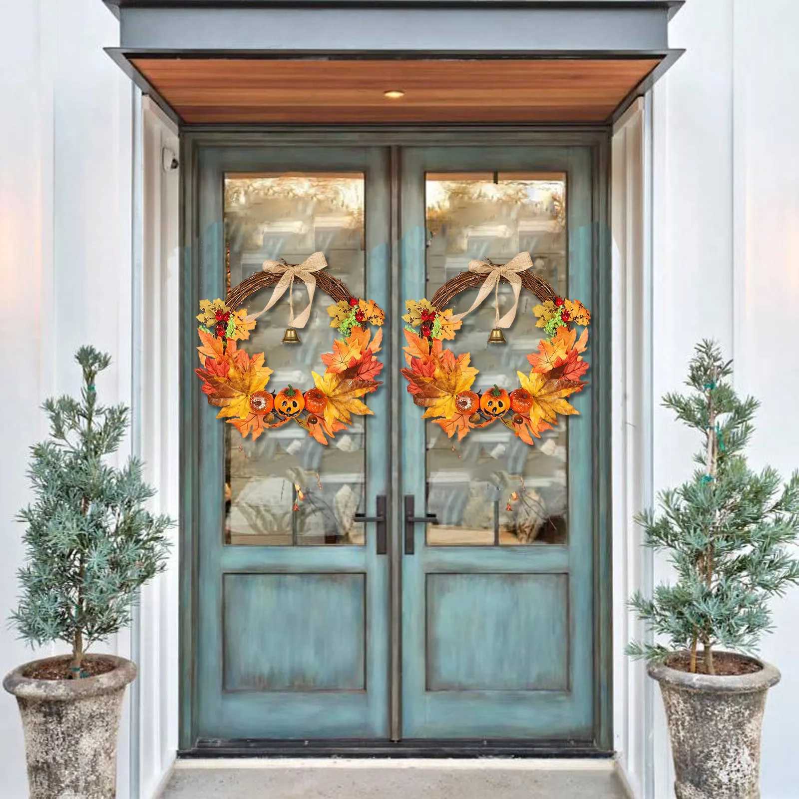 New Halloween Hanging Simulation Pumpkin Maple Leaf Bell Wreath Decoration Home Door Wall Ornament Crafts Decoration C250919