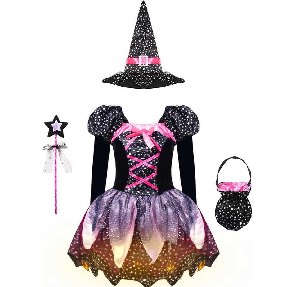 2025 Classic Halloween Festive Dress Girls Cosplay Pink Cute Short Sleeve Witch Vampire Cute Dress Hat Magic Stick Bag Set L250918