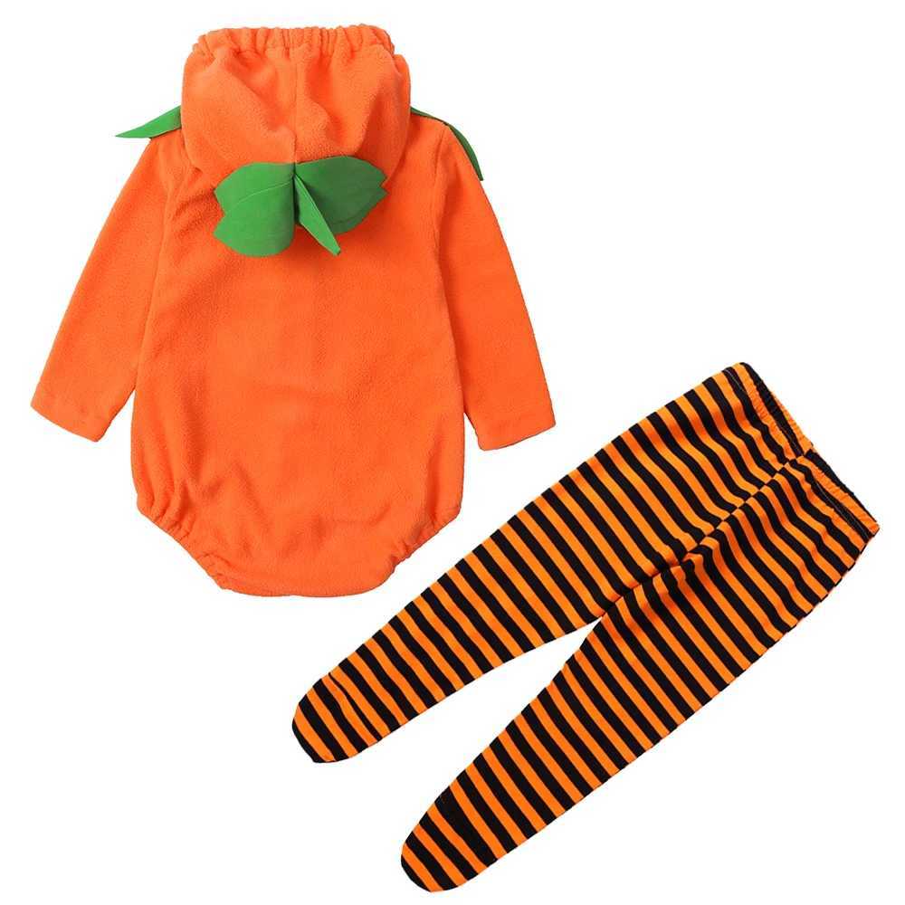 2025 Halloween Cosplay Costume Baby Girls Boys Pumpkin Hooded Romper Infant Fleece OnesieStriped Pants Sets Toddler Clothes L250918