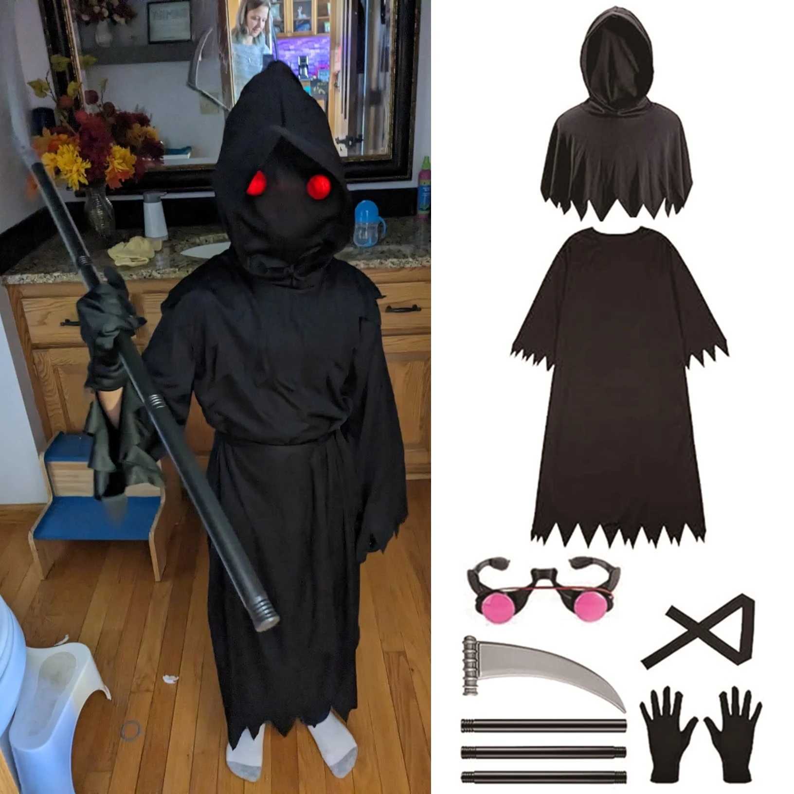 Grim Reaper Halloween Spooky Costume Children Cosplay Robe with Glow Red Eyes Death Scythe Party Scary Clothes L250918