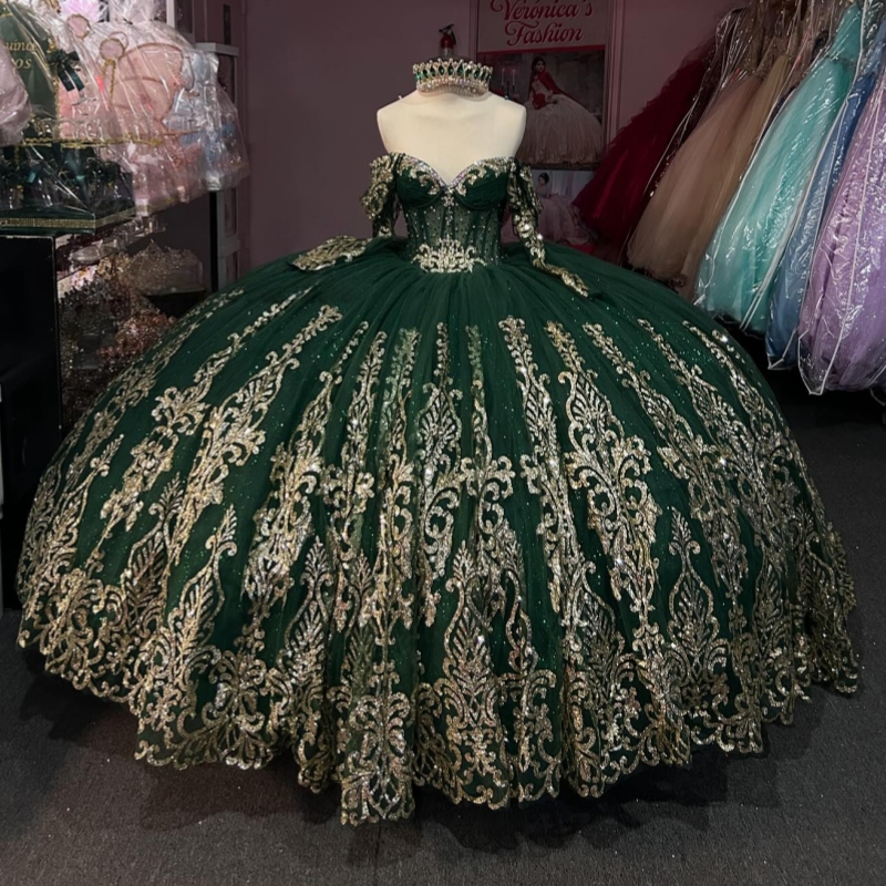 Black Green Shiny Quinceanera Dresses Off The Shoulder Gold Applique Lace Beads Tull Party Birthday Sweet 16 Dress Vestidos De 15 Anos
