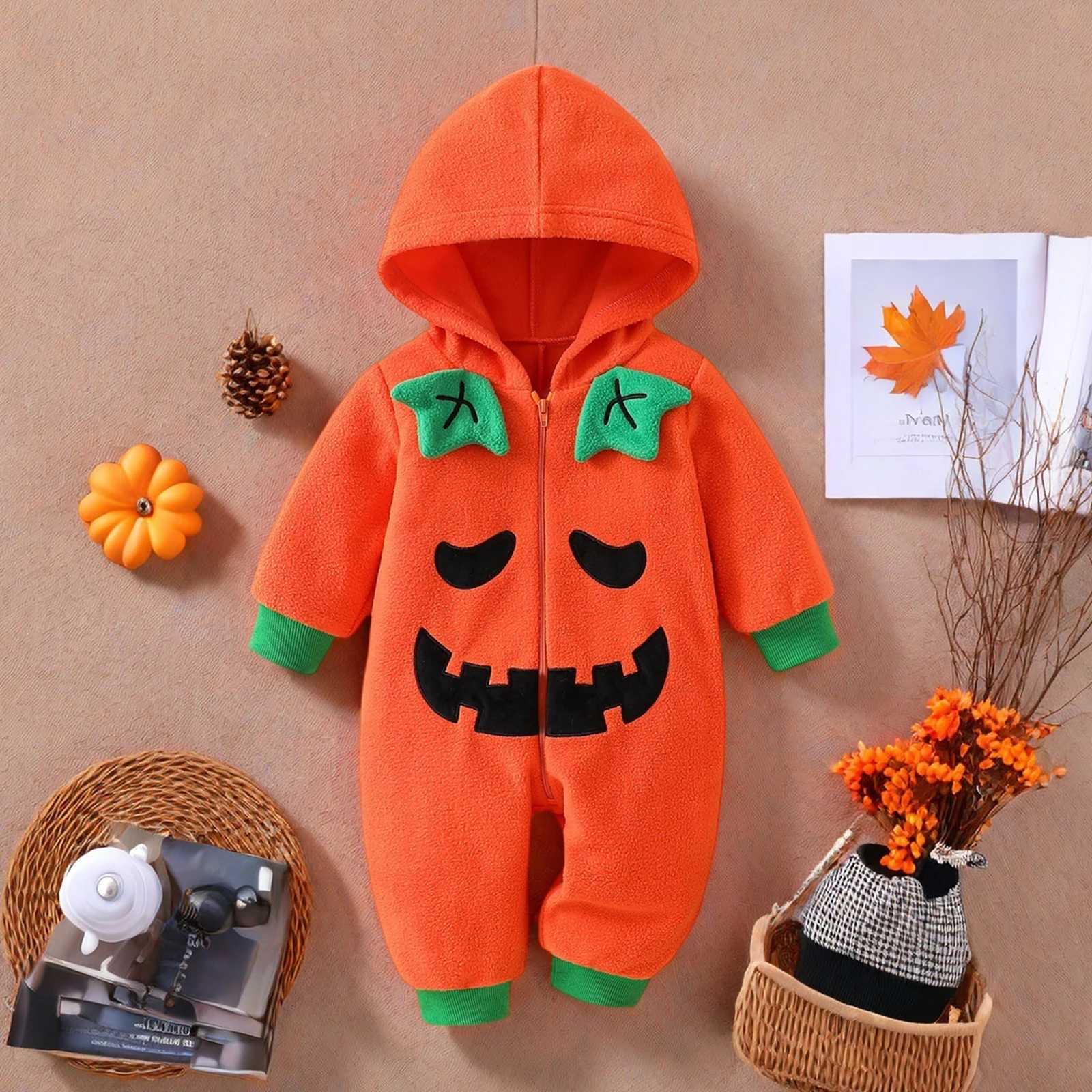 Cute Halloween Costume Baby Boy Girl Pumpkin Romper Contrast Trim Long Sleeve Hooded Jumpsuit L250918