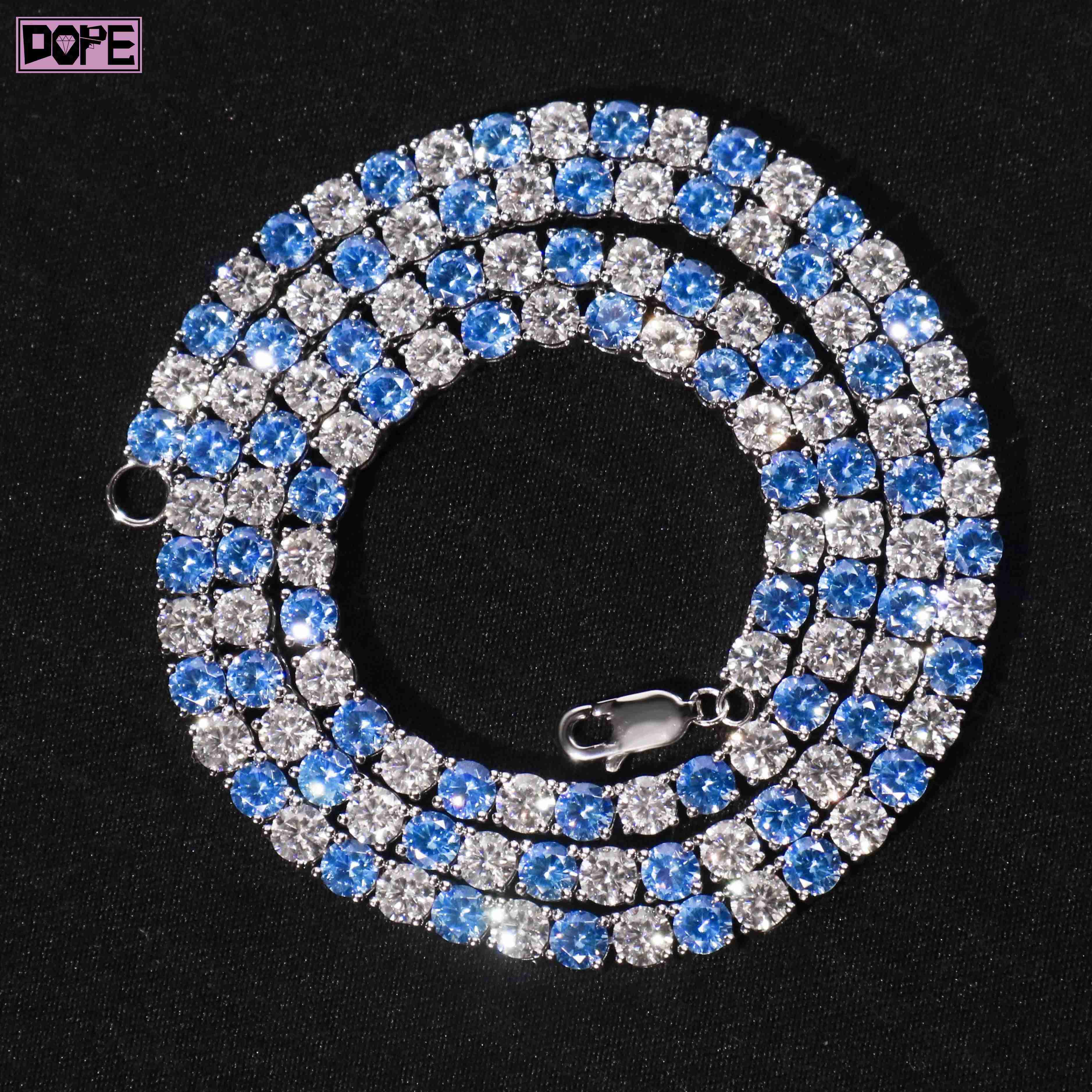 Iced Out 4mm Hiphop Tennis Chain Blue Moissanite 925 Sterling Silver Bling Moissanite Tennis Chain
